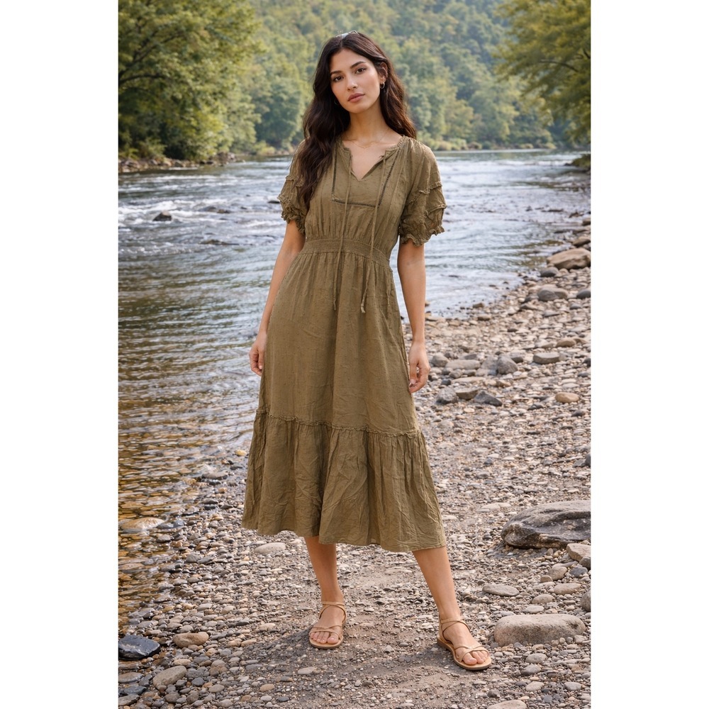 By The River Olive Green Swiss Dot Smocked Midi Dress Tassel V-Neck Small‎